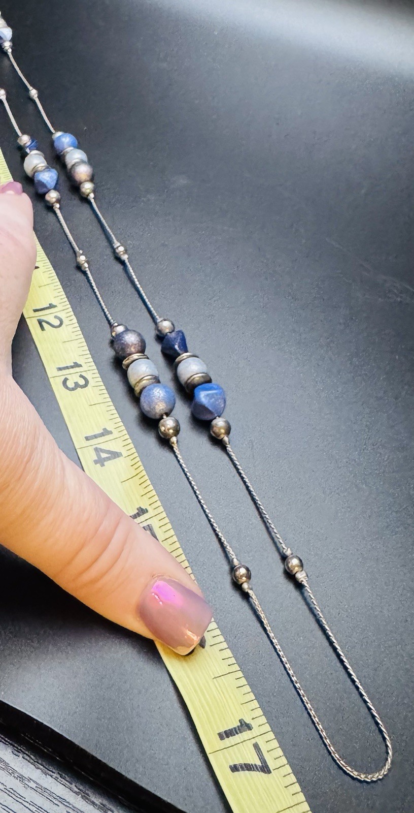 Long Silver Tone Necklace with Blue Stone Beads – Station Style – 26”
