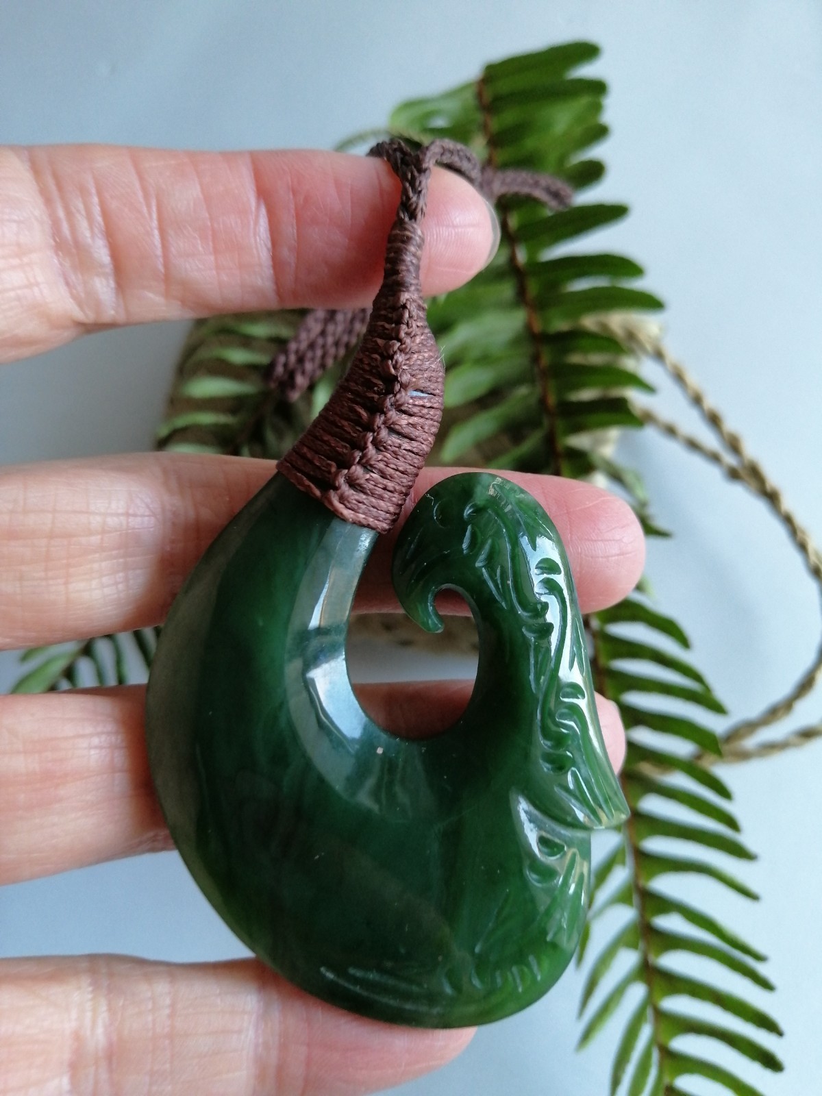 New Zealand Jade Greenstone Bound Fish Hook X Large pendant 70mm L x 45mm W
