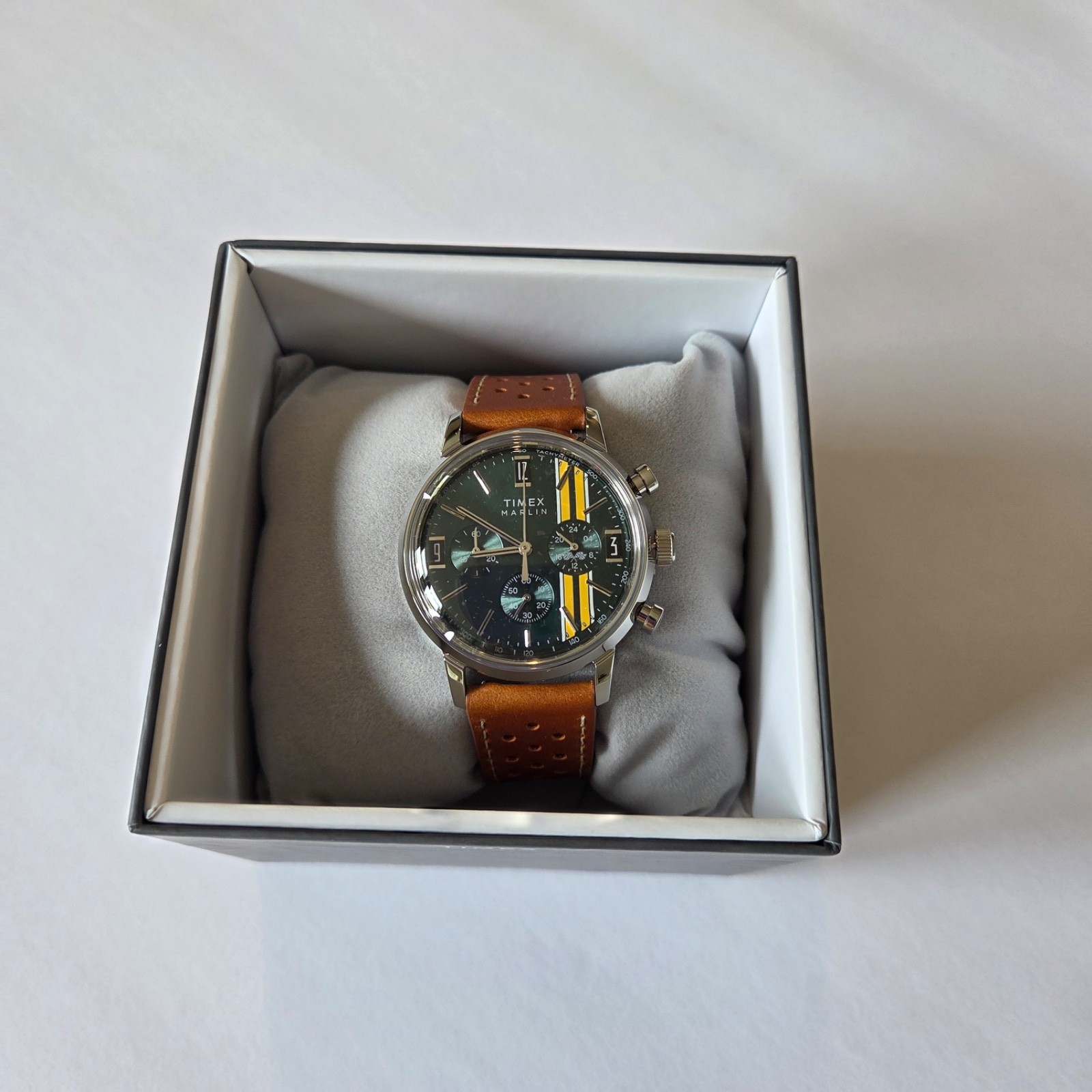 Timex Marlin Chronograph Green Dial Brown Leather Watch TW2W99100