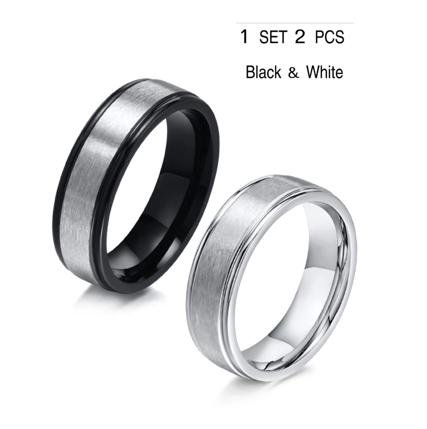 Men Women Stainless Steel Ring Set Black White Classic Matte Wedding Couple Band