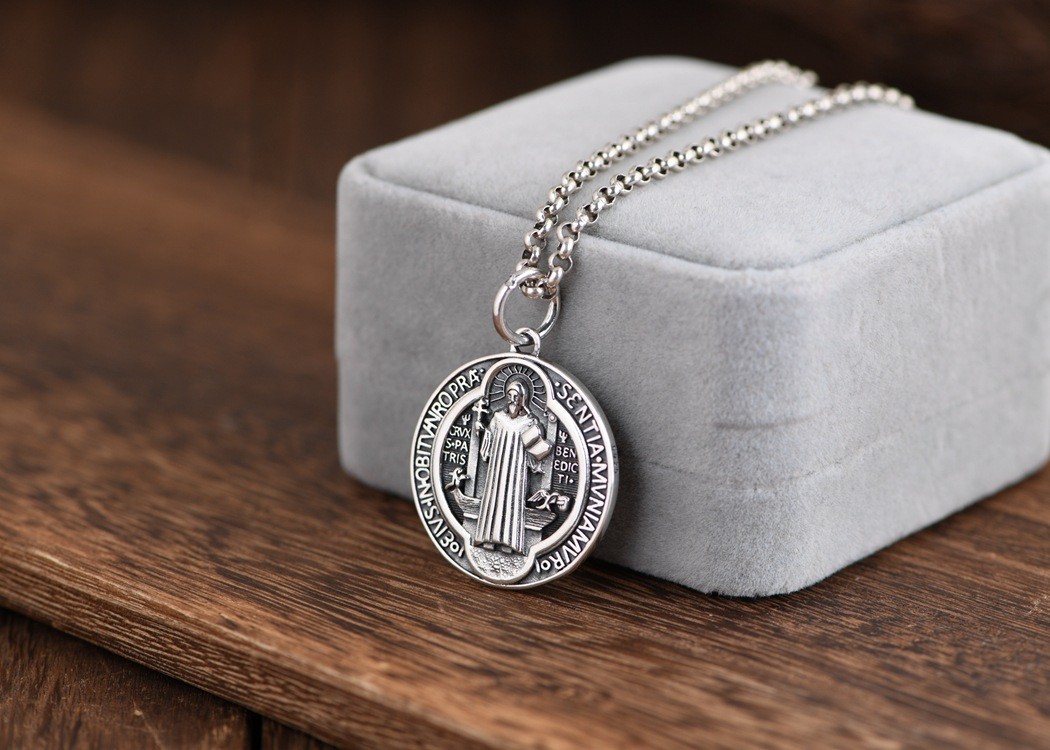 S925 Sterling Silver ST BENEDICT MEDAL Cross Pendant RELIGIOUS Protective Amulet