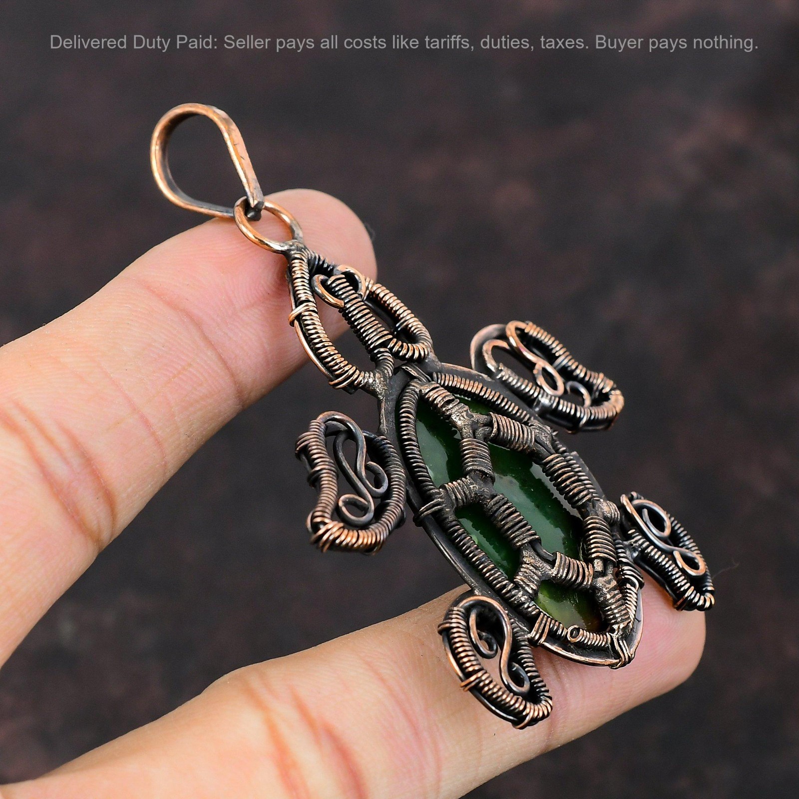 Oval Boulder Chrysoprase Gemstone Wire Wrapped Tortoise Pendant Jewelry Copper