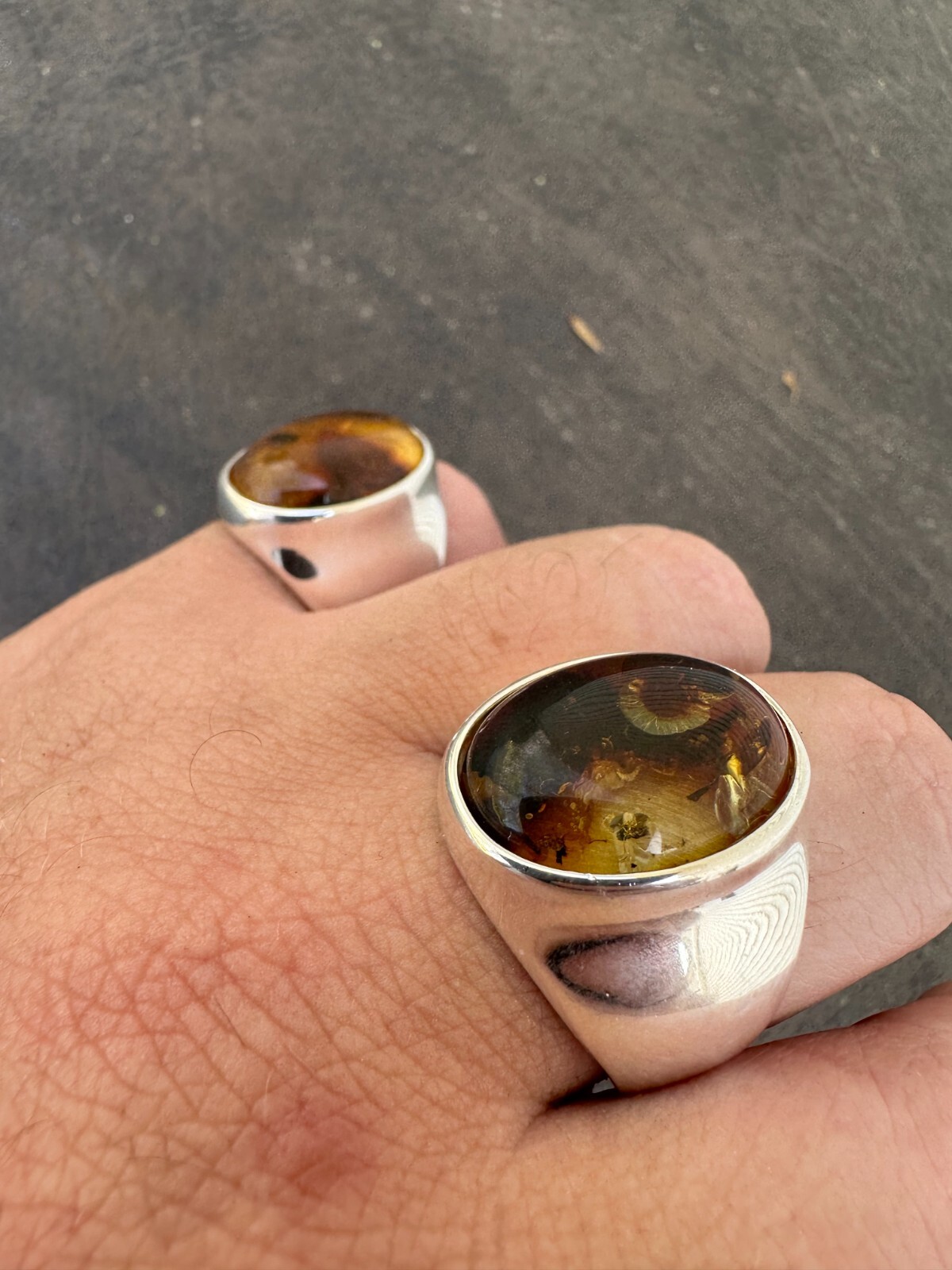 Large Genuine Baltic Amber Stone Mens Real Solid 925 Sterling Silver Signet Ring
