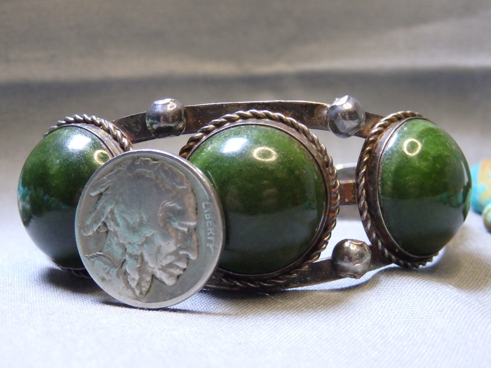 Fred Harvey Era NAVAJO Green TURQUOISE Stamped Coin Silver 40g Cuff Bracelet