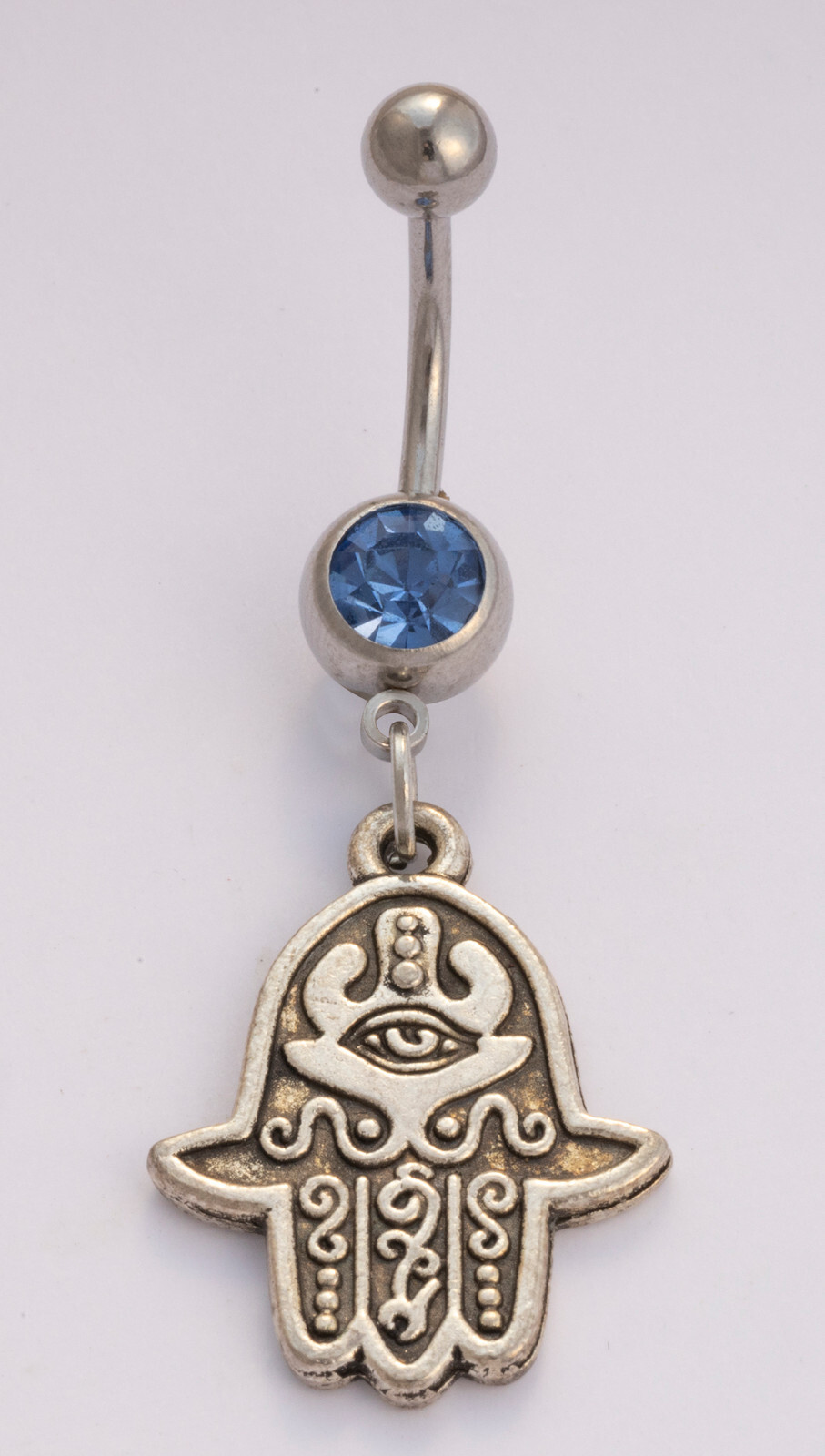 Belly Ring Hamsa Hand Large Blue Gem Dangle Naval Steel Body Jewelry