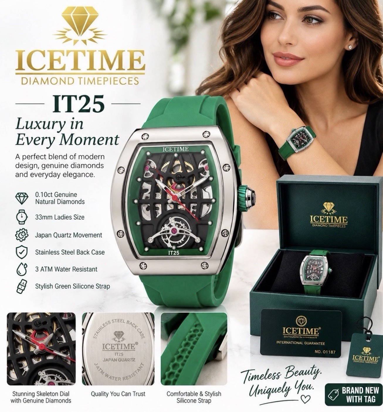 IceTime IT25 Women’s Quartz Skeleton Dial 33mm SS Case Green Silicone 30m