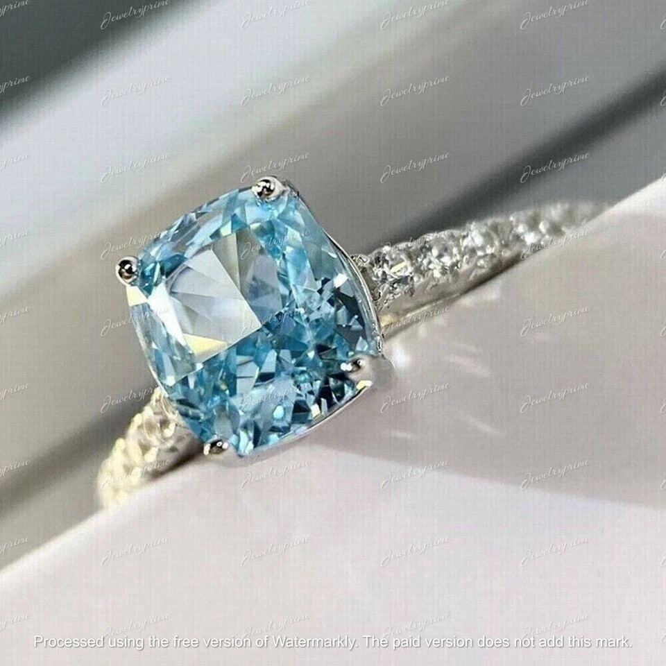 2.30CT Cushion Cut Lab Created Aquamarine Engagement Ring 14K White Gold Finish