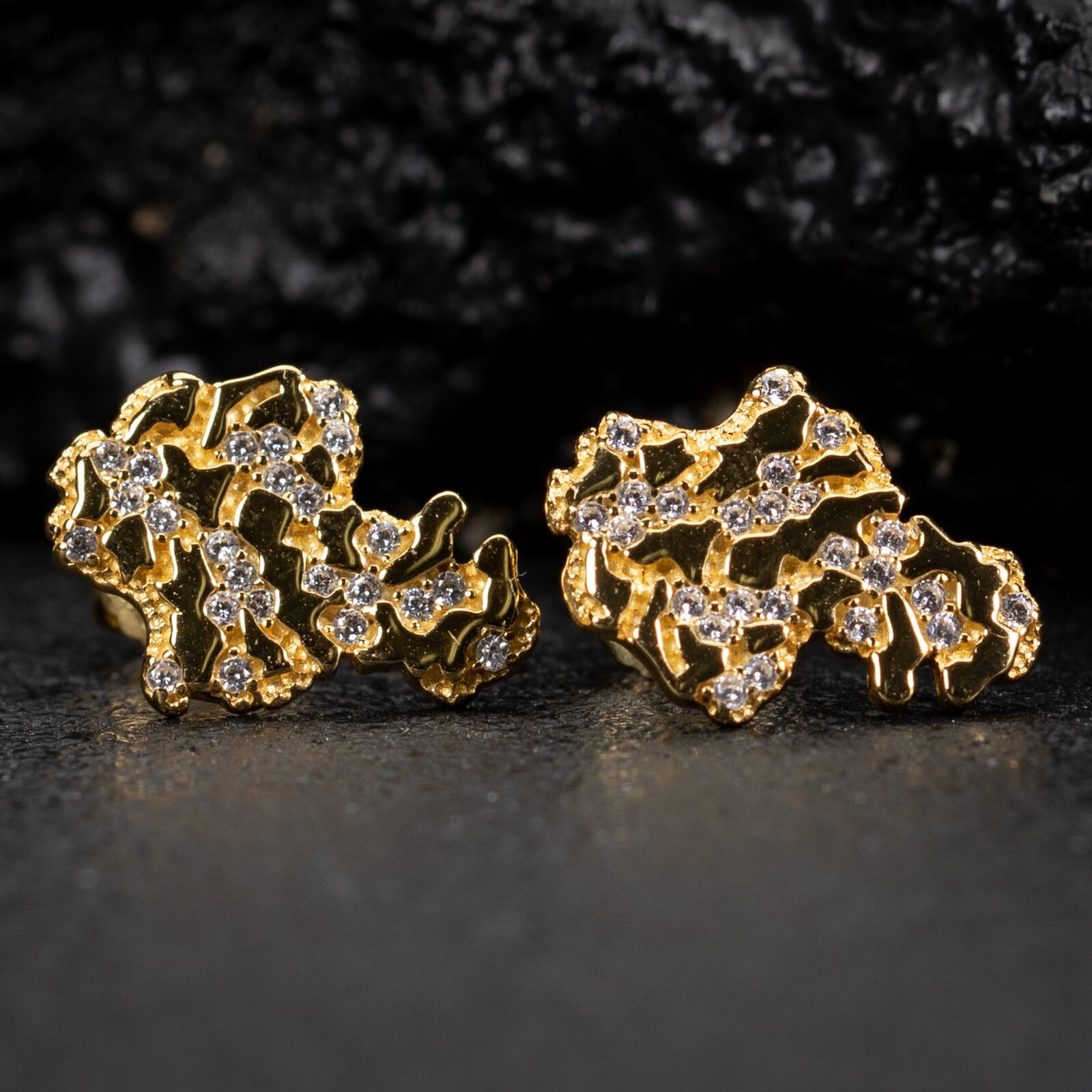 Hip Hop Yellow Gold Plated 925 Sterling Silver Nugget Men’s Screw Back Earrings