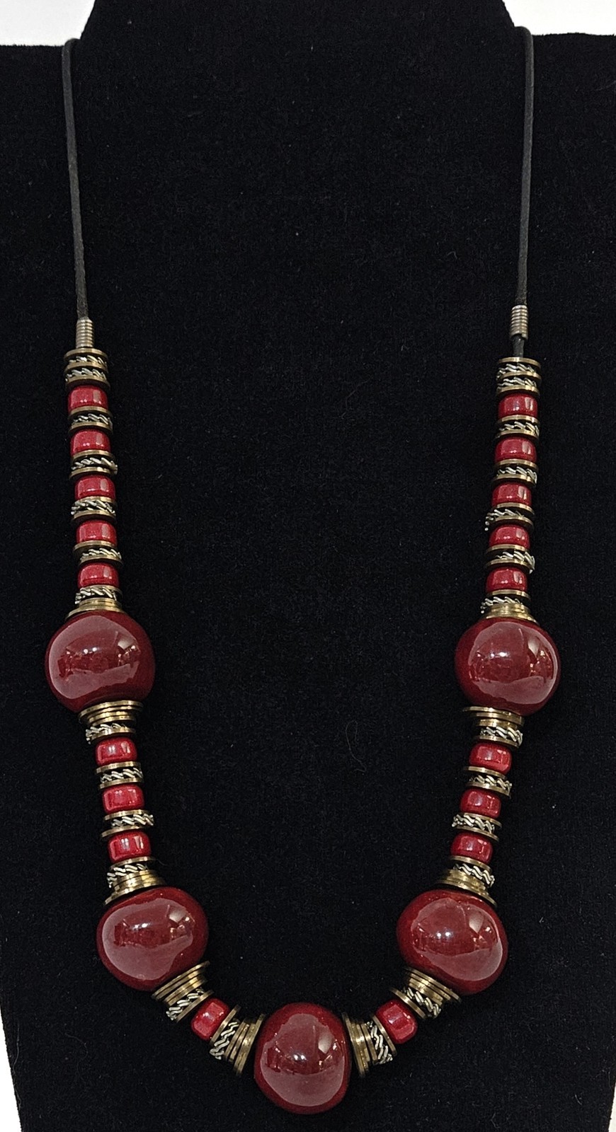Maroon Chunky Statement Necklace w/Brass Pewter & Roundel Bead Spacer Accents