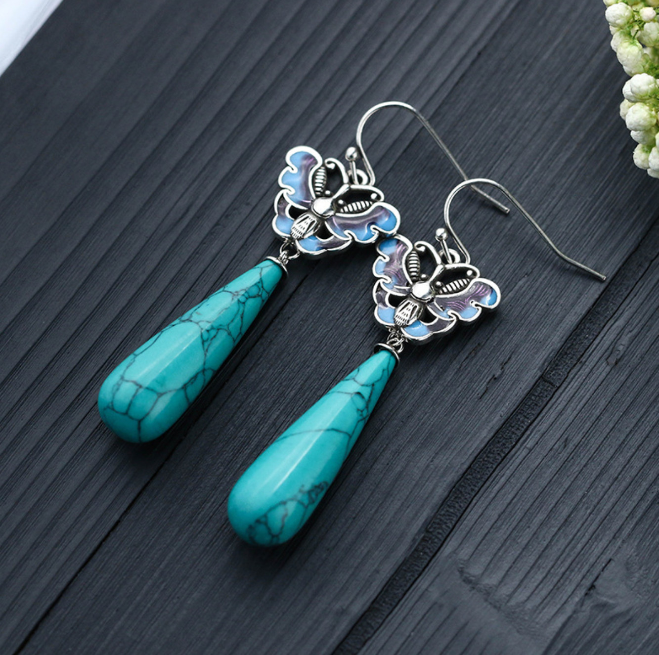 Turquoise Drop Dangle Earrings Bohemian Butterfly Hook 18K White Gold Plated