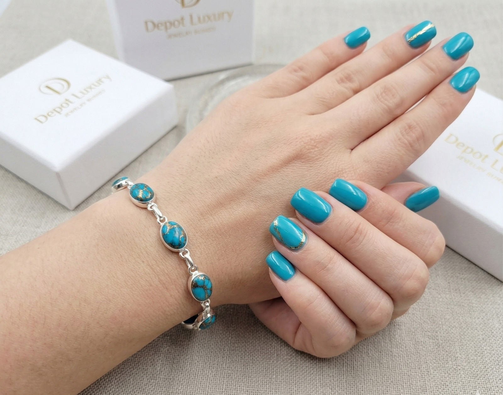 Natural Turquoise Bracelet 925 Sterling Silver 21cm 8.26 inch Luxury Jewelry Box
