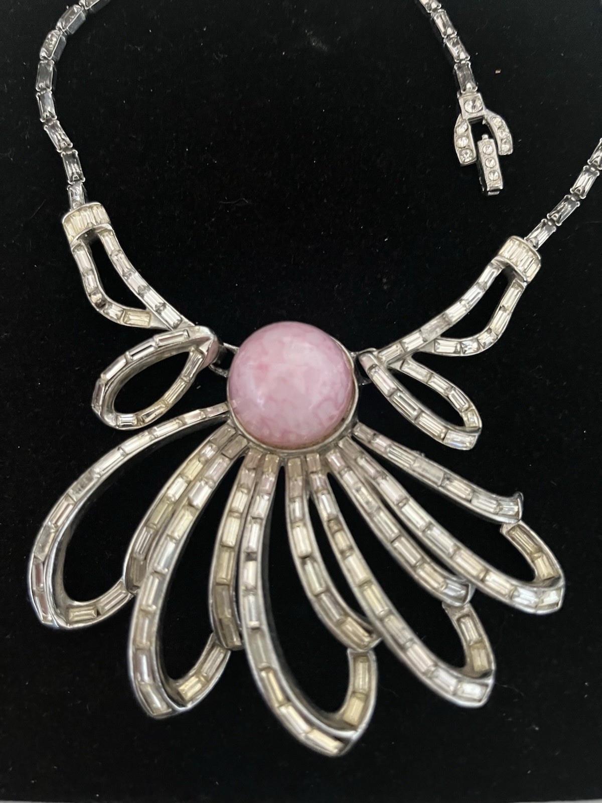 Boucher Style Grey & Clear Baguette Rhinestones pink Cabochon Statement Necklace