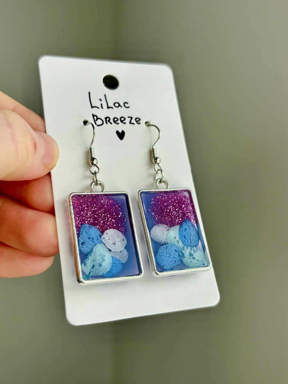 Lilac Breeze Resin Rectangle Earrings Handmade Real Dried Flower Botanical