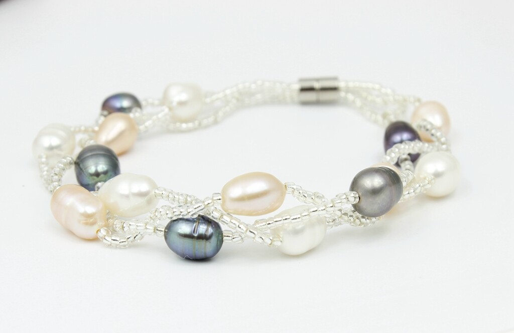 Women Real Black Pearl / Pink /White Pearl Twist Bead Mix Pearl Bracelet 7.5″