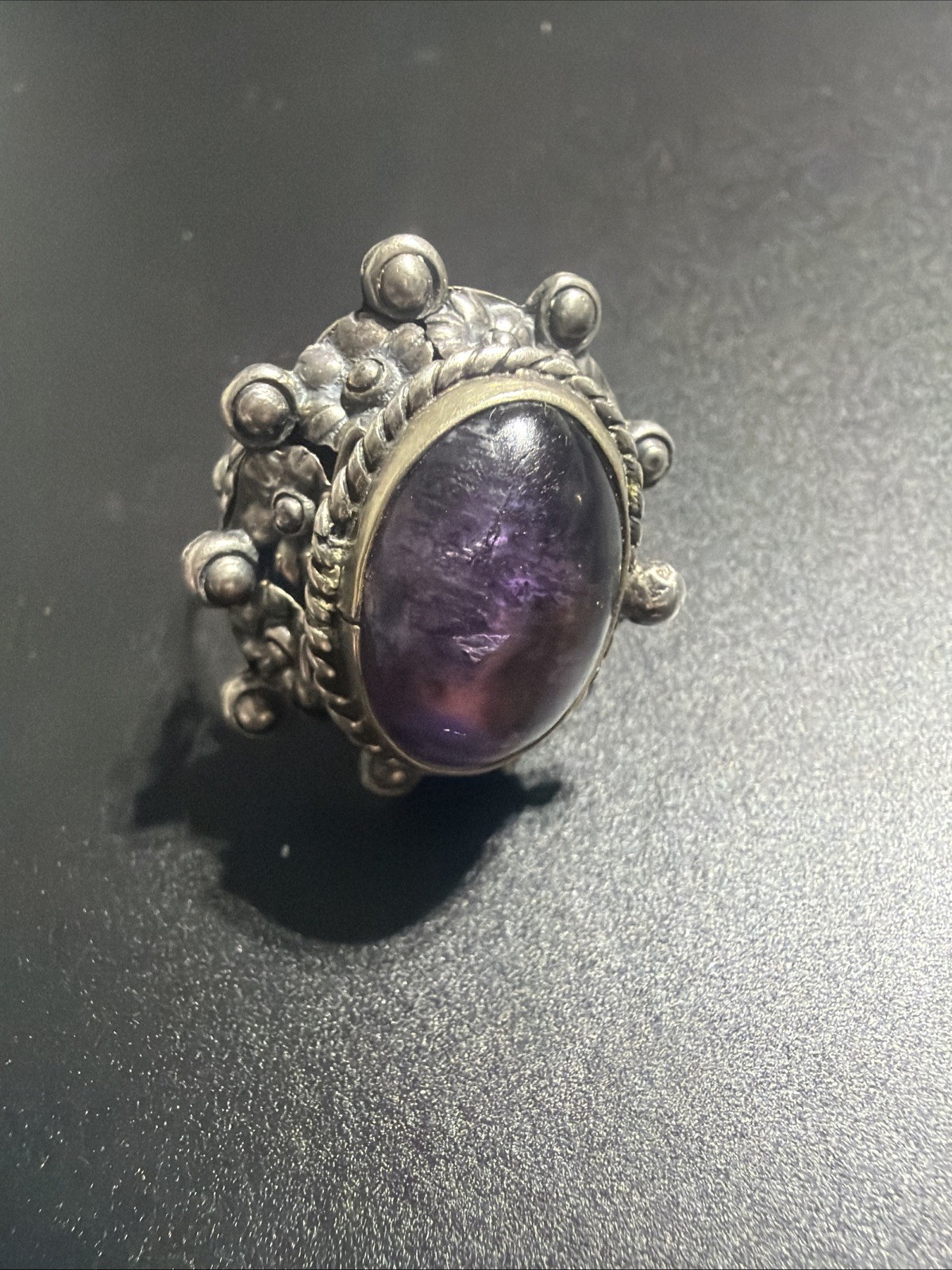 Large Taxco Sterling Silver Amethyst Poison Pill Box Goth Adjustable Ring