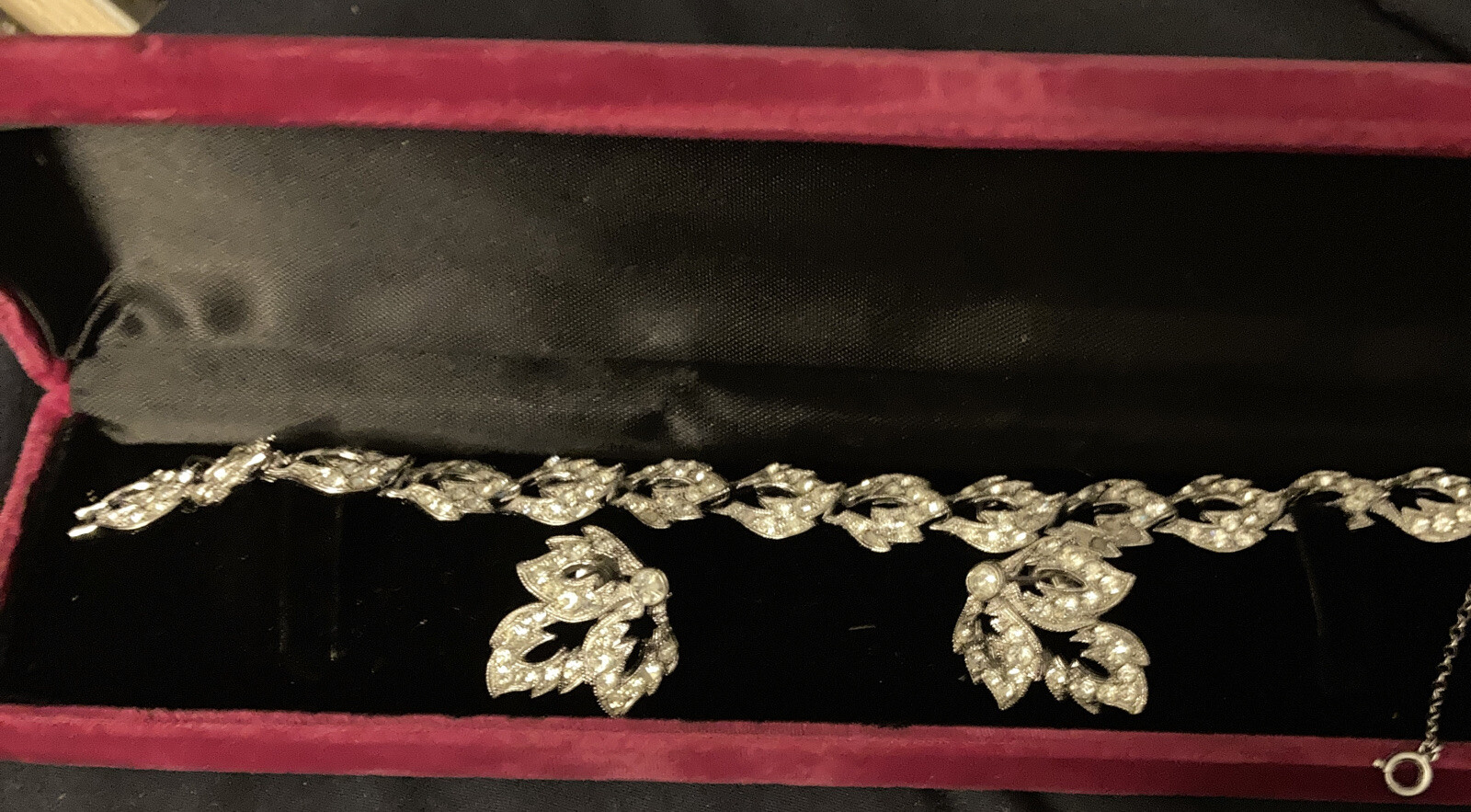 Vintage Ora Rhinestone SilverTone Safety Chain Bracelet 8”+ORA Earrings Set