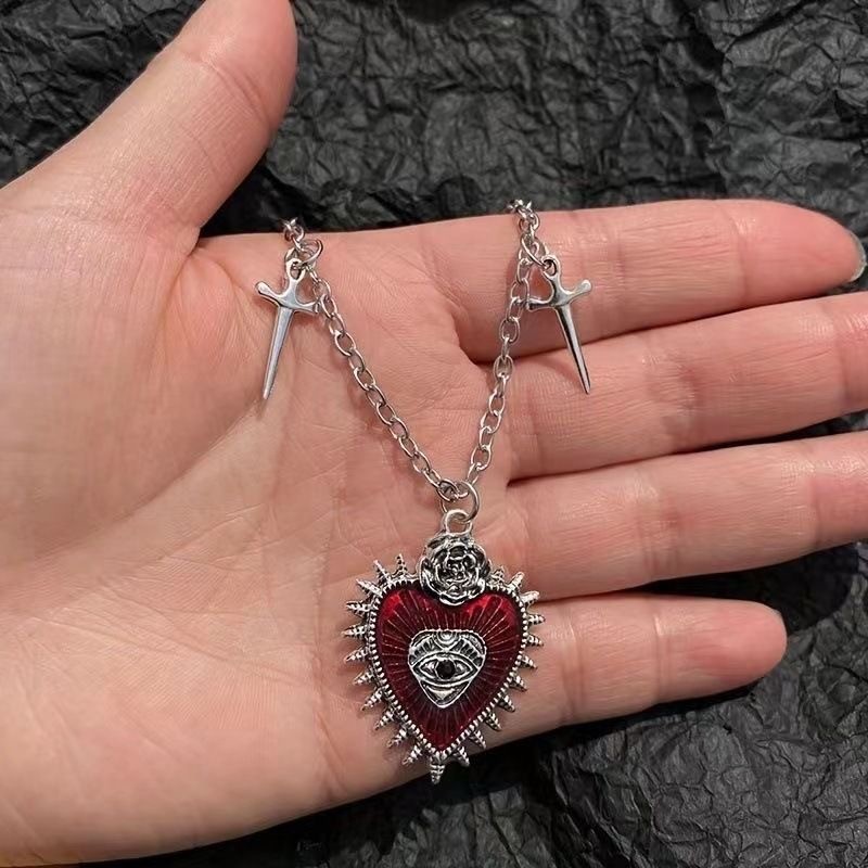 Vintage Gothic Heart Necklace, Punk Devil Eye Sword Pattern Pendant Necklace