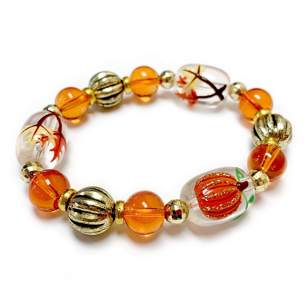 Fall Bracelet Pumpkin Maple Leaf Harvest Jewelry Beaded Gold Orange Brown