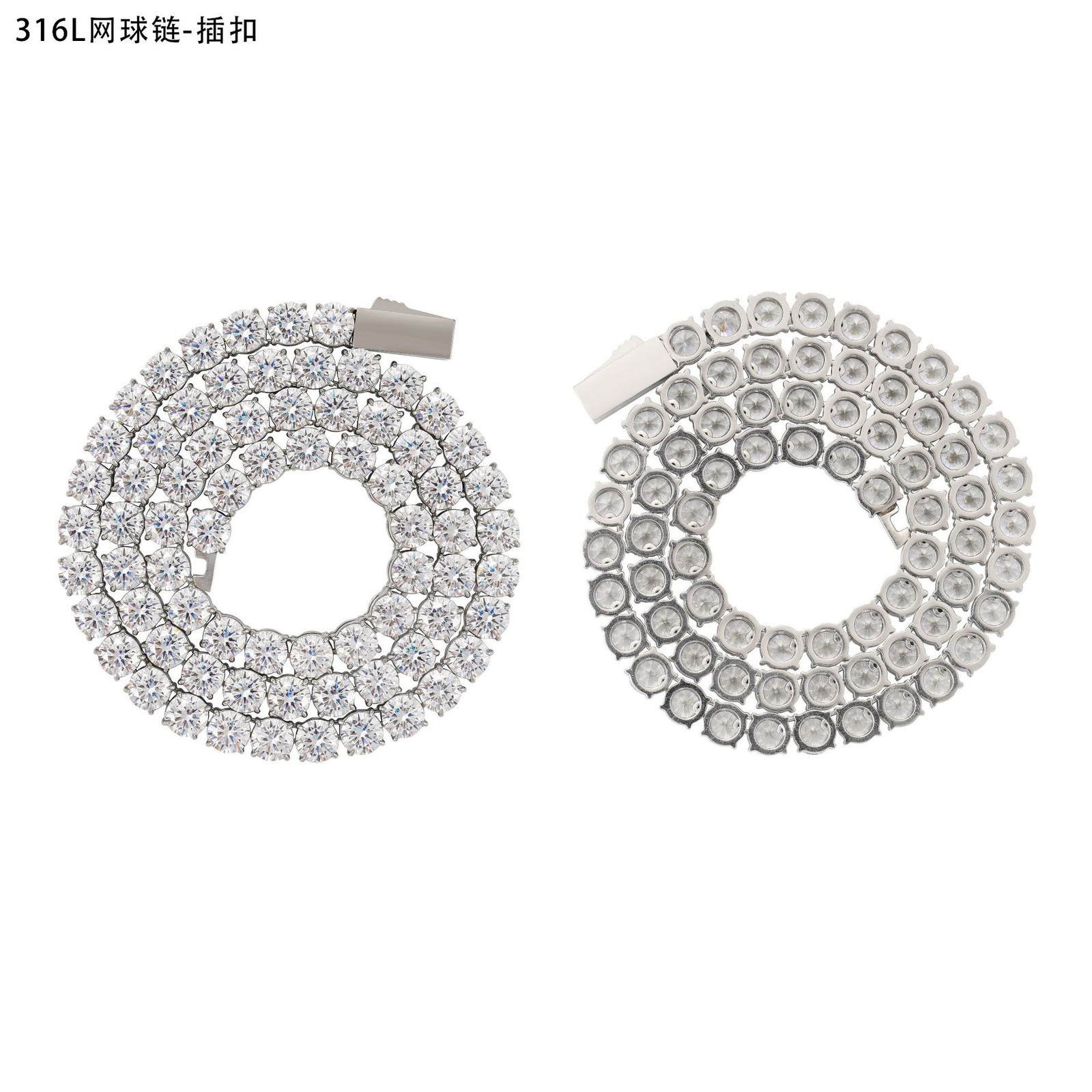 3-6mm 16-24″ Round Cut Zircon Tennis Chain 316L Stainless Steel Necklace Hip-hop