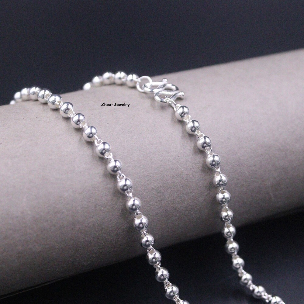 Pure S999 Fine Silver 999 Chain 3mm Lucky Smooth Beads Link Necklace 8-9g 17.9in