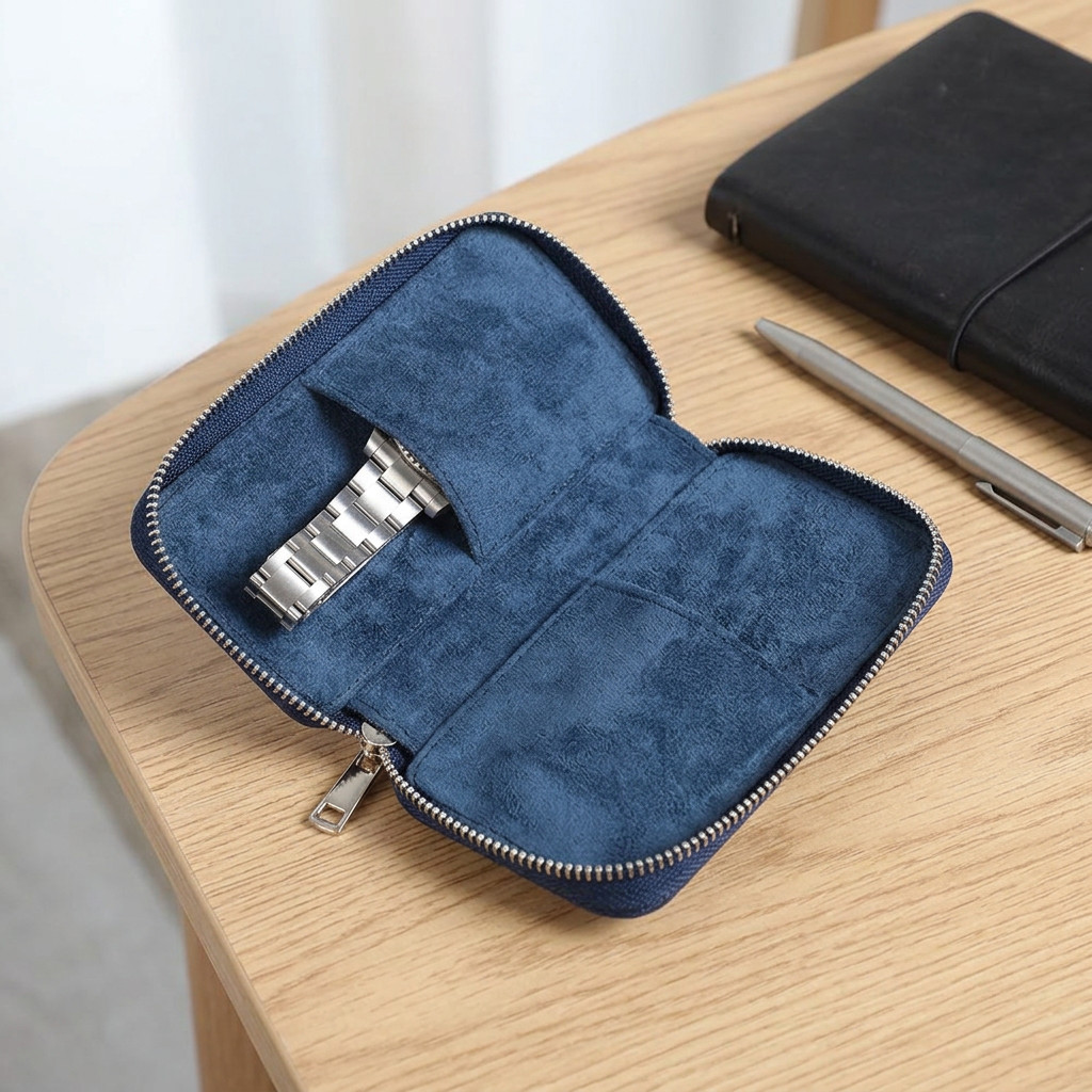 Saffiano Leather 2 Slot Watch Pouch Travel Case 5.9″ Suede Interior Zip