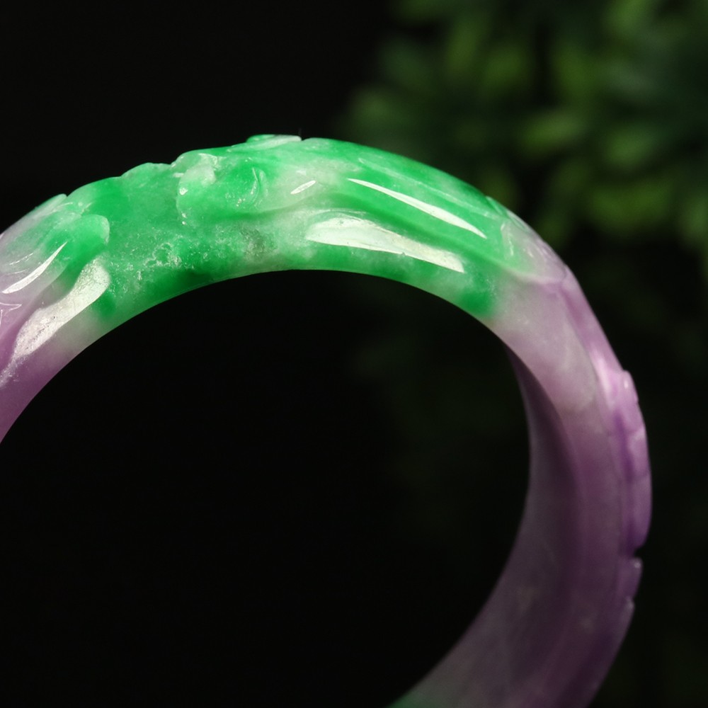 55mm Lavender Purple Green Jadeite Jade Bangle Bracelet Ruyi Fish Lotus A-14535