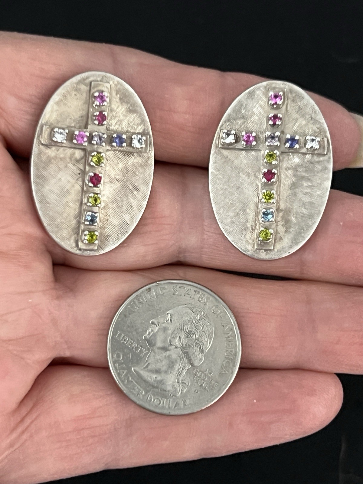VINTAGE STERLING SILVER LARGE CUFFLINKS MULTI-STONE CROSSES DECORATION 36.3G