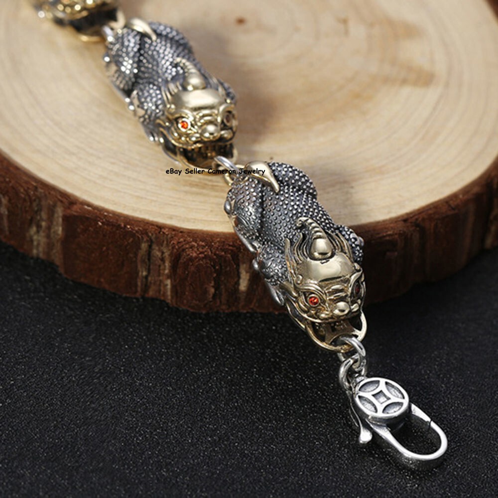 Solid 925 Sterling Silver Chain Men 15mm Two Tone Pixiu Link Bracelet 7.9+1.2″L