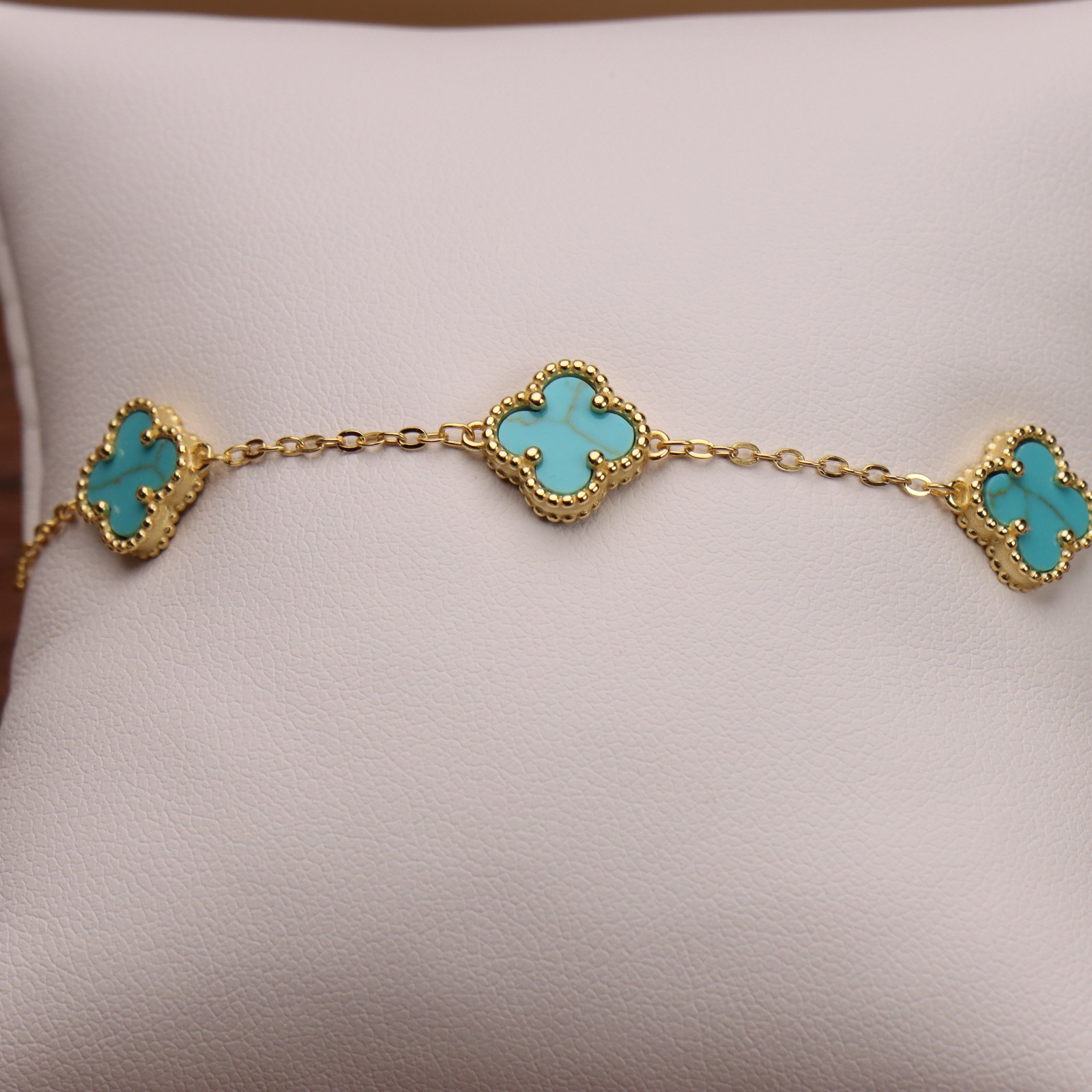 Turquoise Bracelet 7-8″ inch 14k Gold Over 925 Sterling Silver 5 Clover