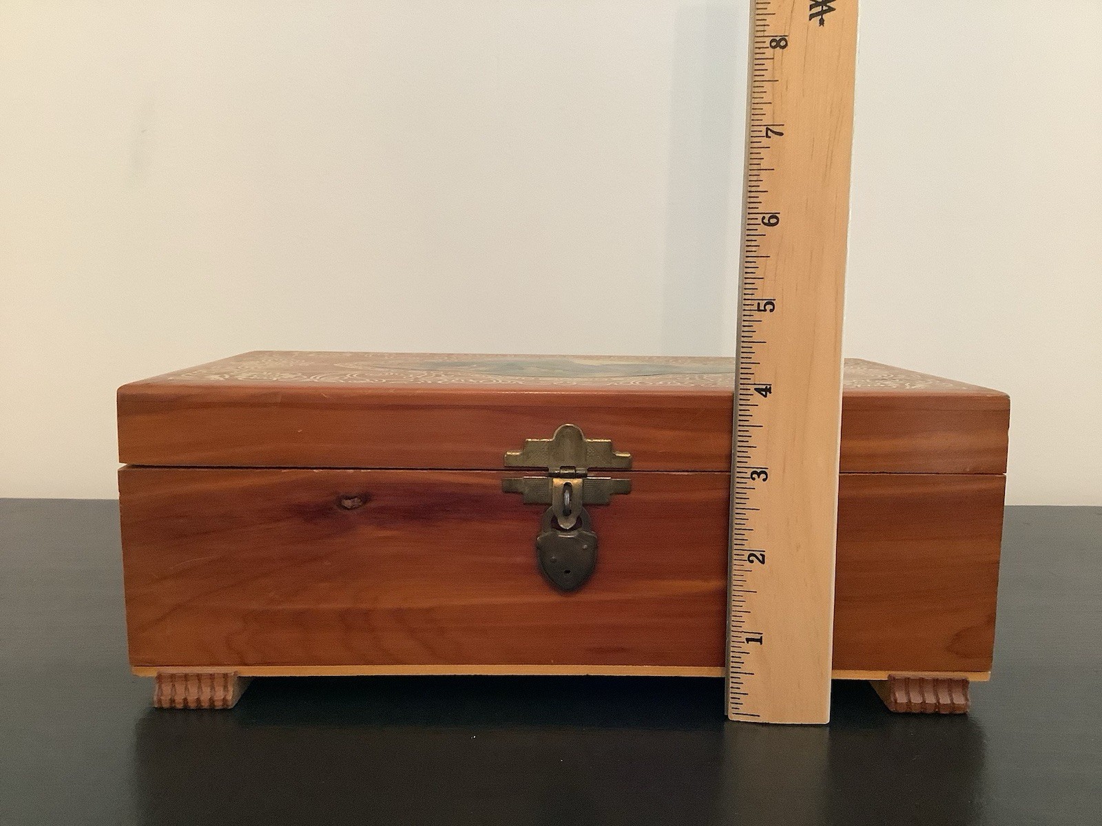 Vintage Cedar Wooden Keepsake Box Landscape Lid Rustic Jewelry Storage Cottage
