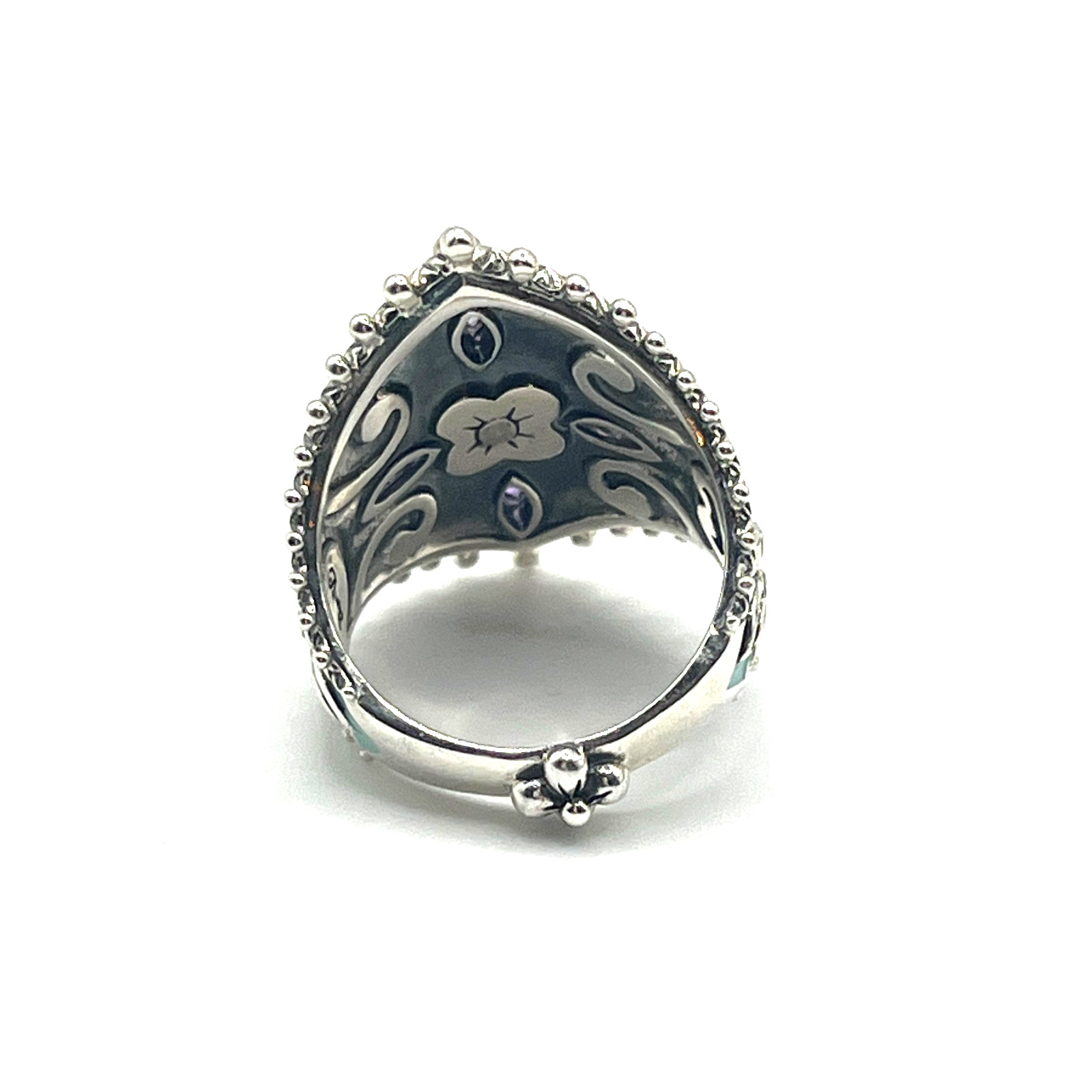 Barbara Bixby Ring Sz 8 Turquoise Amethyst MOP Lotus Sterling 925 and 18k Accent