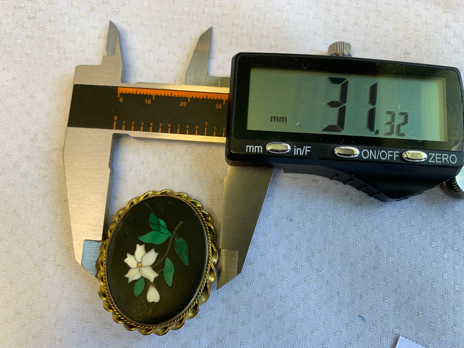 Antique Pietra Dura Brooch Costume Jewelry White Flower Floral Stone Inlay Pin