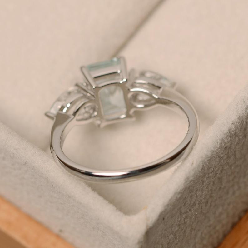 3.00 Ct Emerald Cut Natural Aquamarine Diamond Ring 14K Solid White Gold Size 7