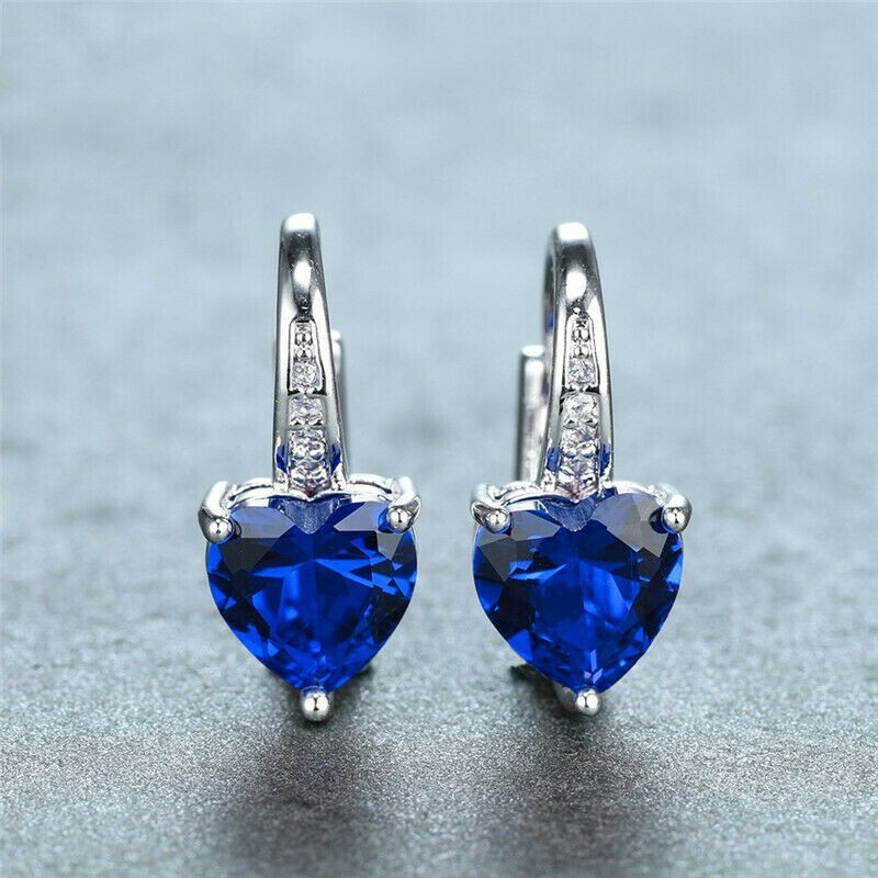 Pretty New Silver Plated Blue Heart CZ Leverback Hoop Dangle Drop Earrings