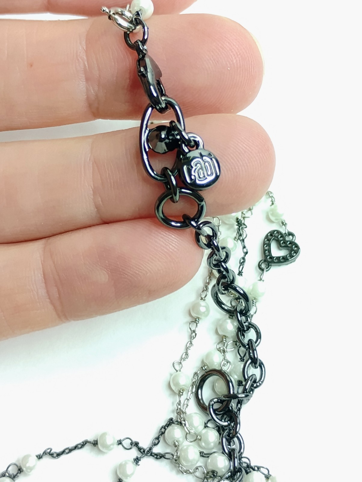Signed CABI Faux Pearl & Rhinestone Heart Necklace