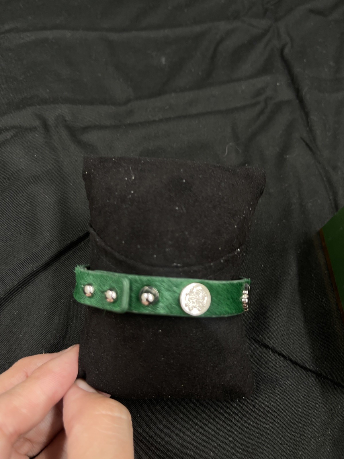 Rustic Cuff Meagen Emerald Green Calf Skin Leather Single Wrap Bracelet w/Clover