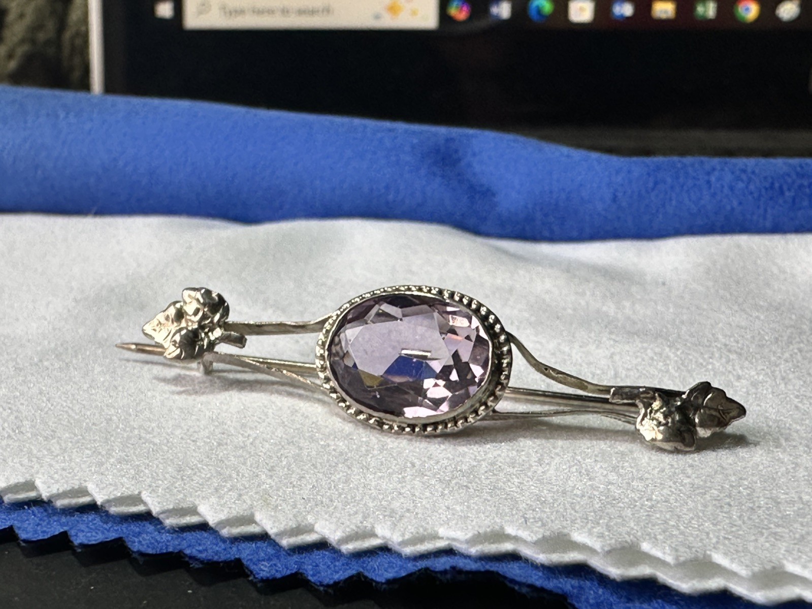 Antique German Sterling Silver Amethyst Brooch Pin Extended C Clasp
