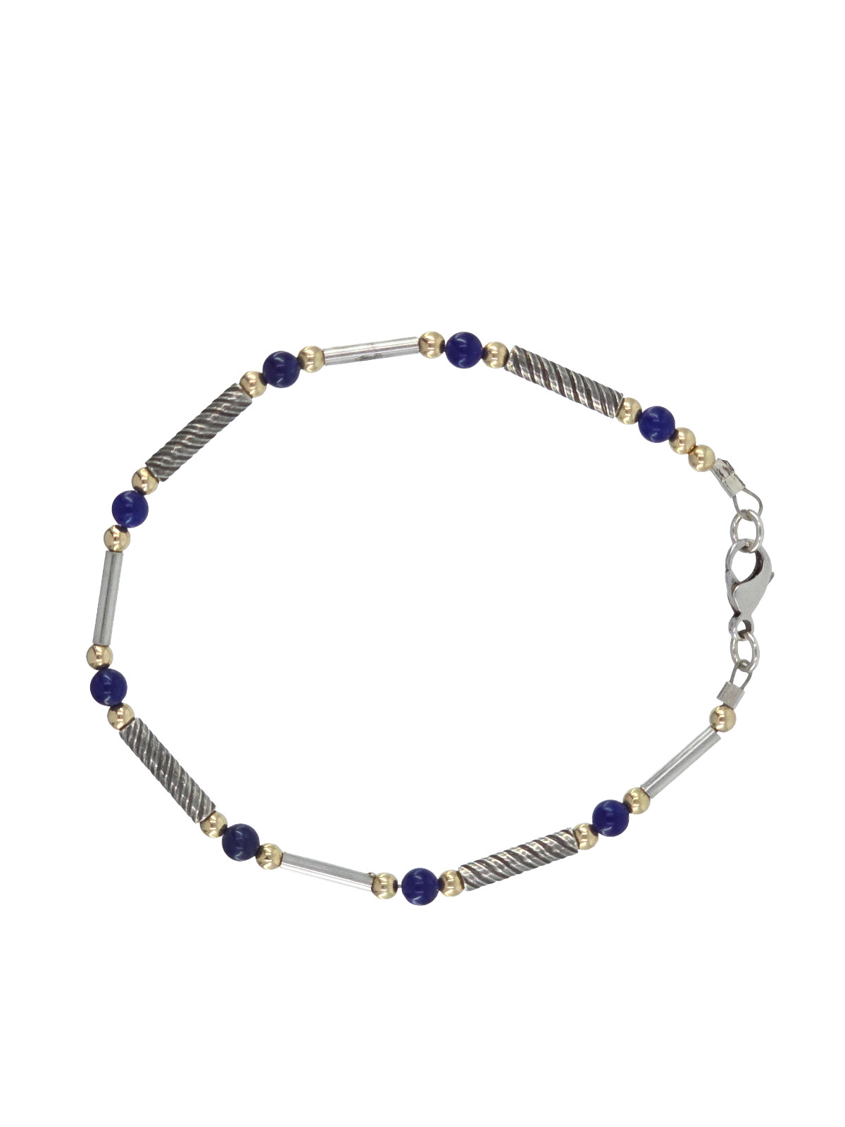 VINTAGE 4mm NATURAL LAPIS LAZULI BEADS 3mm 1OK GOLD BEADS and STERLING BRACELET