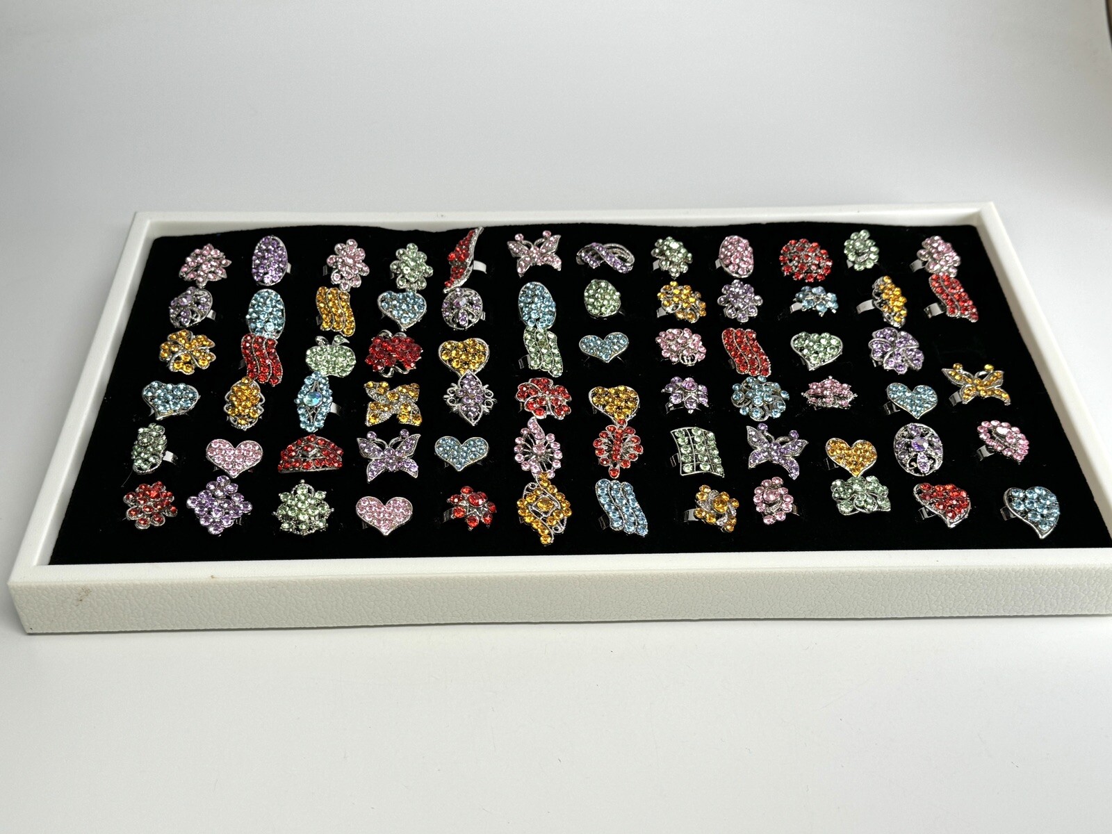Lot of 72 New Colored Rhinestone Adjustable Fashion Rings With Display Tray