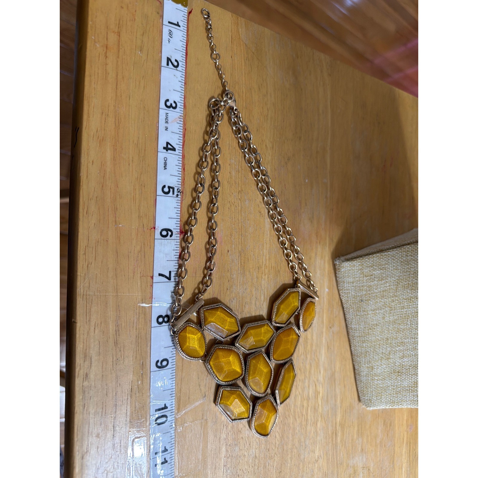Mustard Yellow Geometric Bib Statement Necklace Gold Tone Chunky Resin Stones