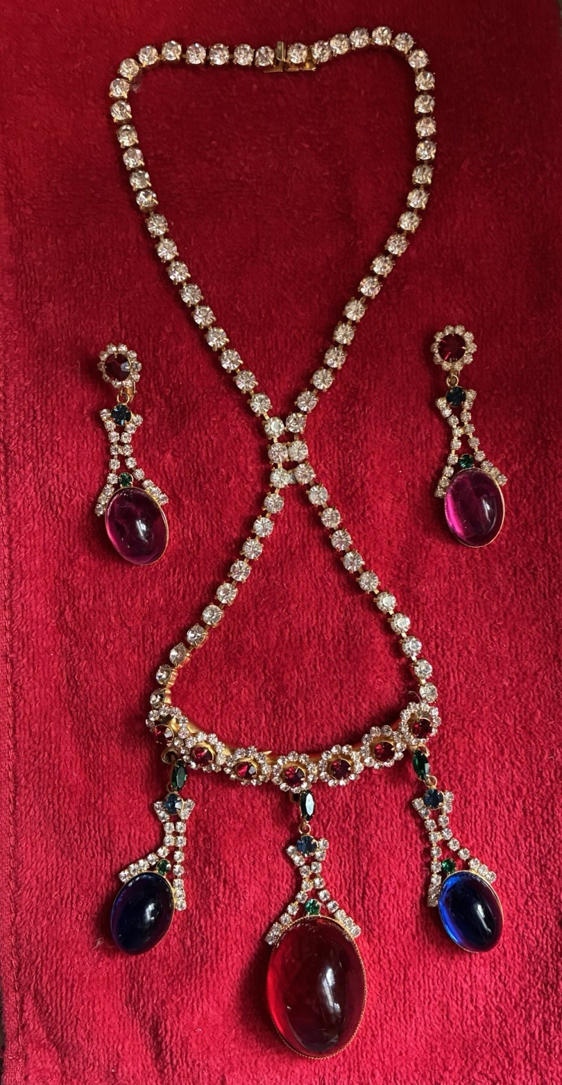 Lucite Red Purple Blue, Vintage 1950s Necklace & Drop Earrings Multicolor set