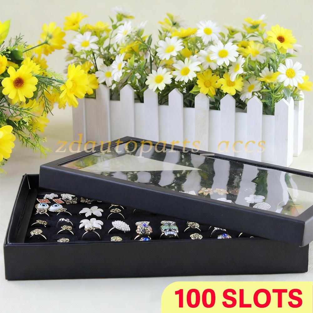 100 Slots Jewelry Ring Display Organizer Case Tray Holder Earrings Storage Box