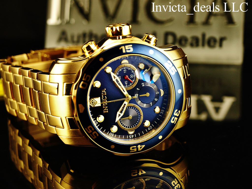 Invicta Men’s 48mm Pro Diver SCUBA Chronograph Blue Dial 18K Gold Plated SS Watc