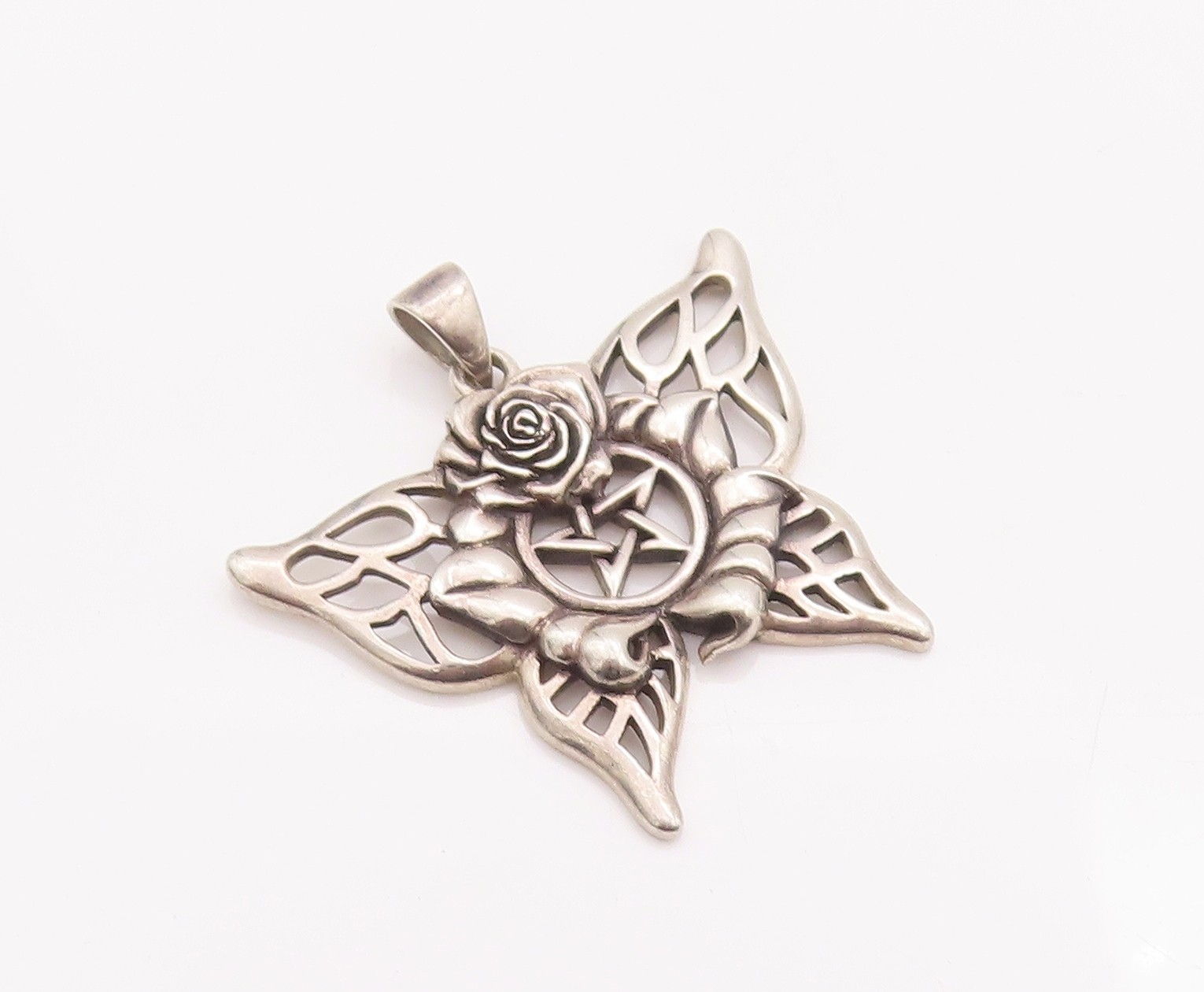 925 Sterling Silver Vintage Pendant PETER STONE Masonic Floral Carved PT22955