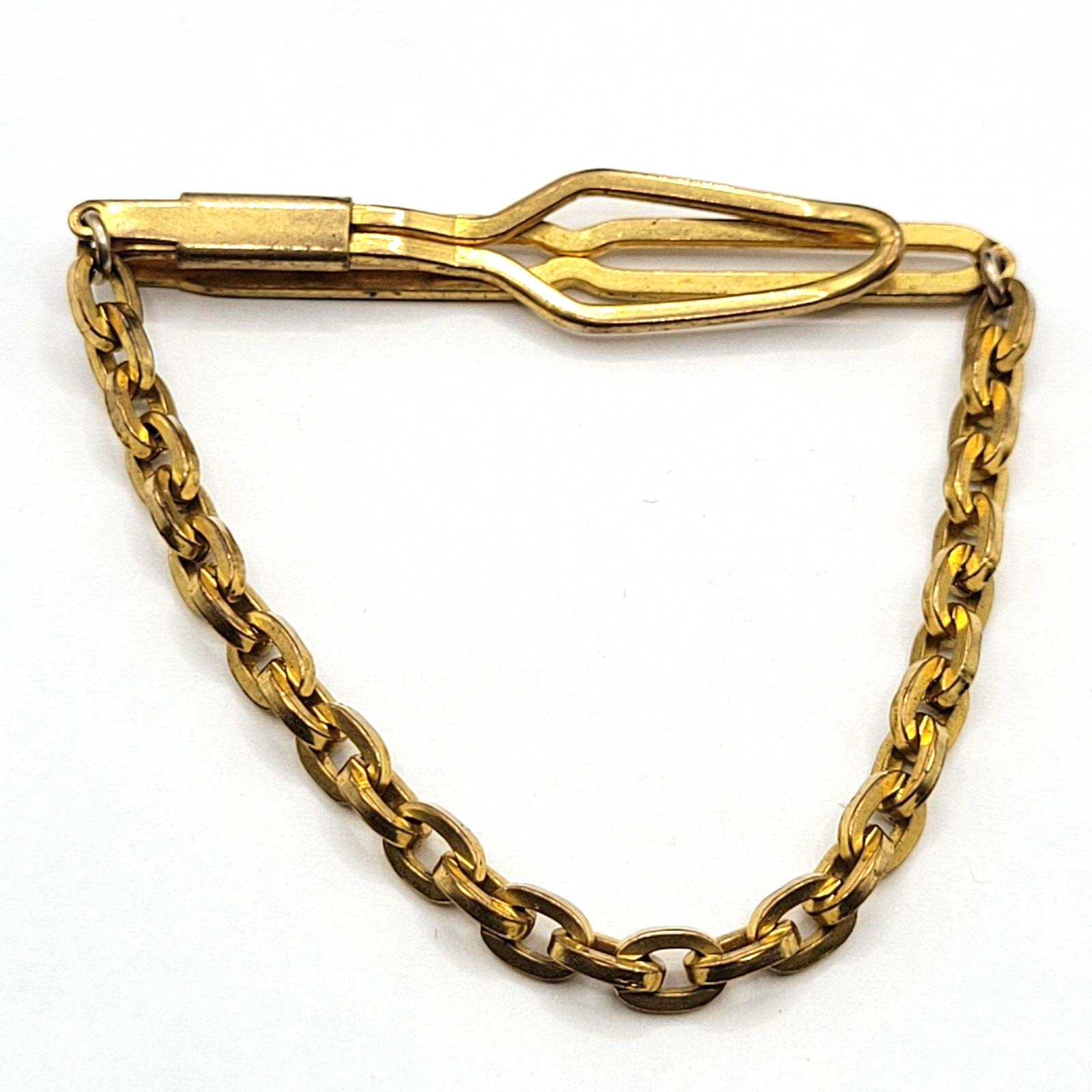 Fancy Dress Formal Vintage Gold Tone Brass Plate Tie Bar Clasp Cable Chain 1930s