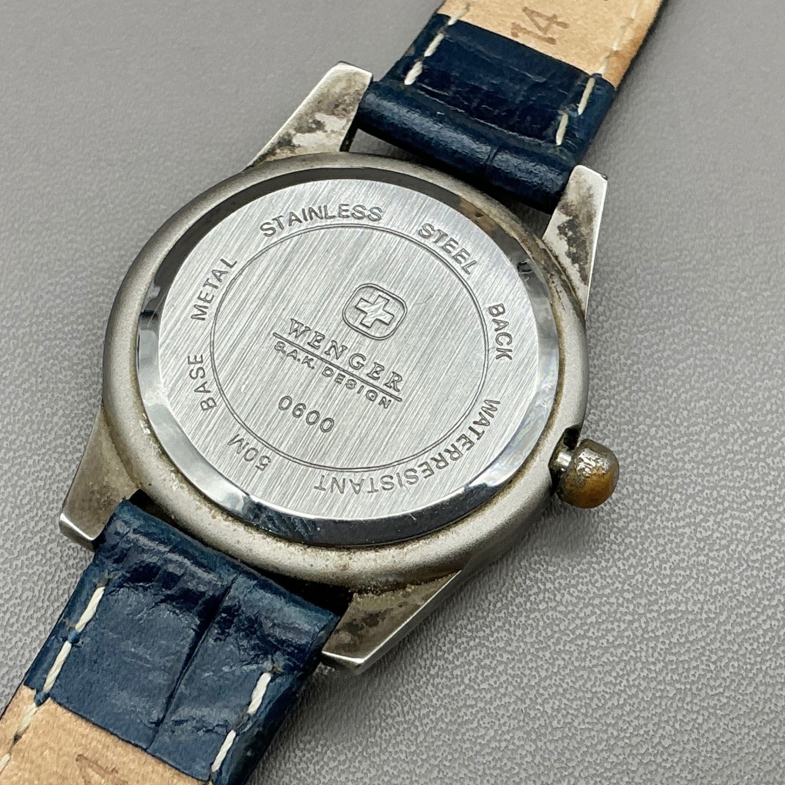 Wenger Watch Womens Silver Tone Blue Leather Band Military Style Date 8.25 In