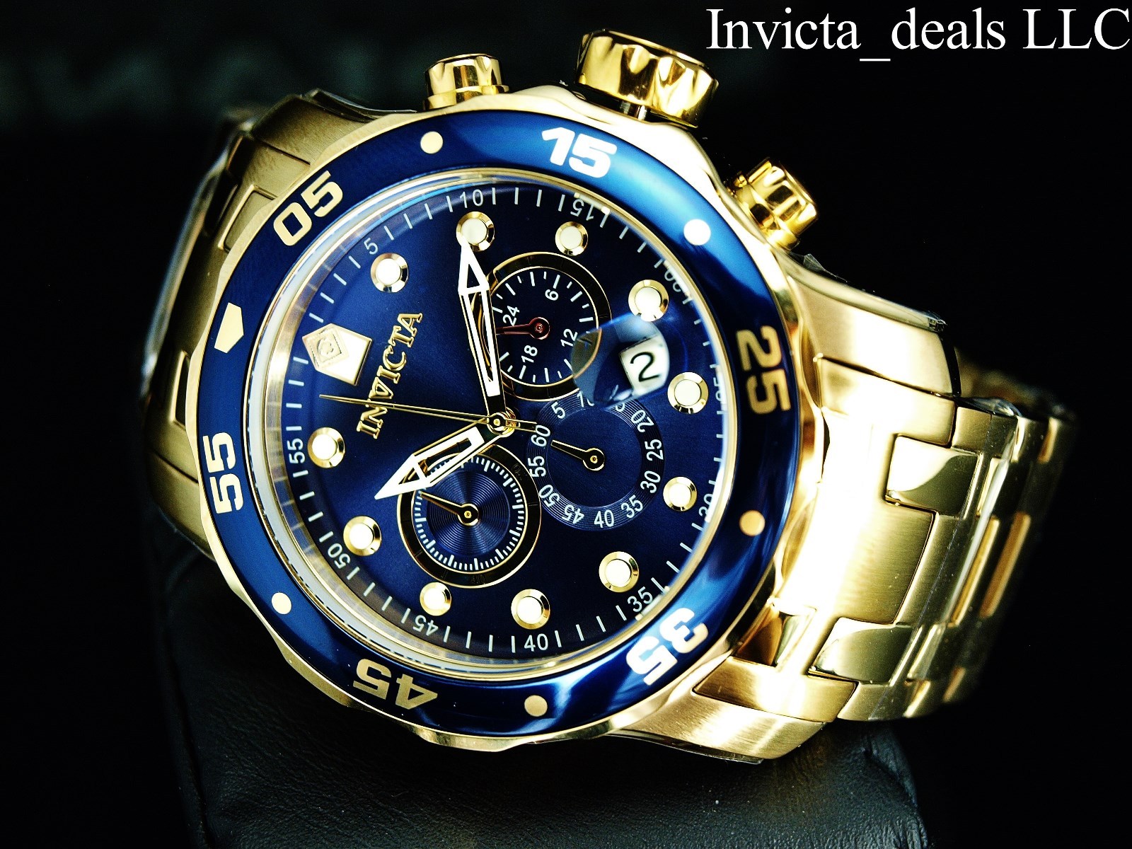 Invicta Men’s 48mm Pro Diver SCUBA Chronograph Blue Dial 18KT Gold Plated Watch