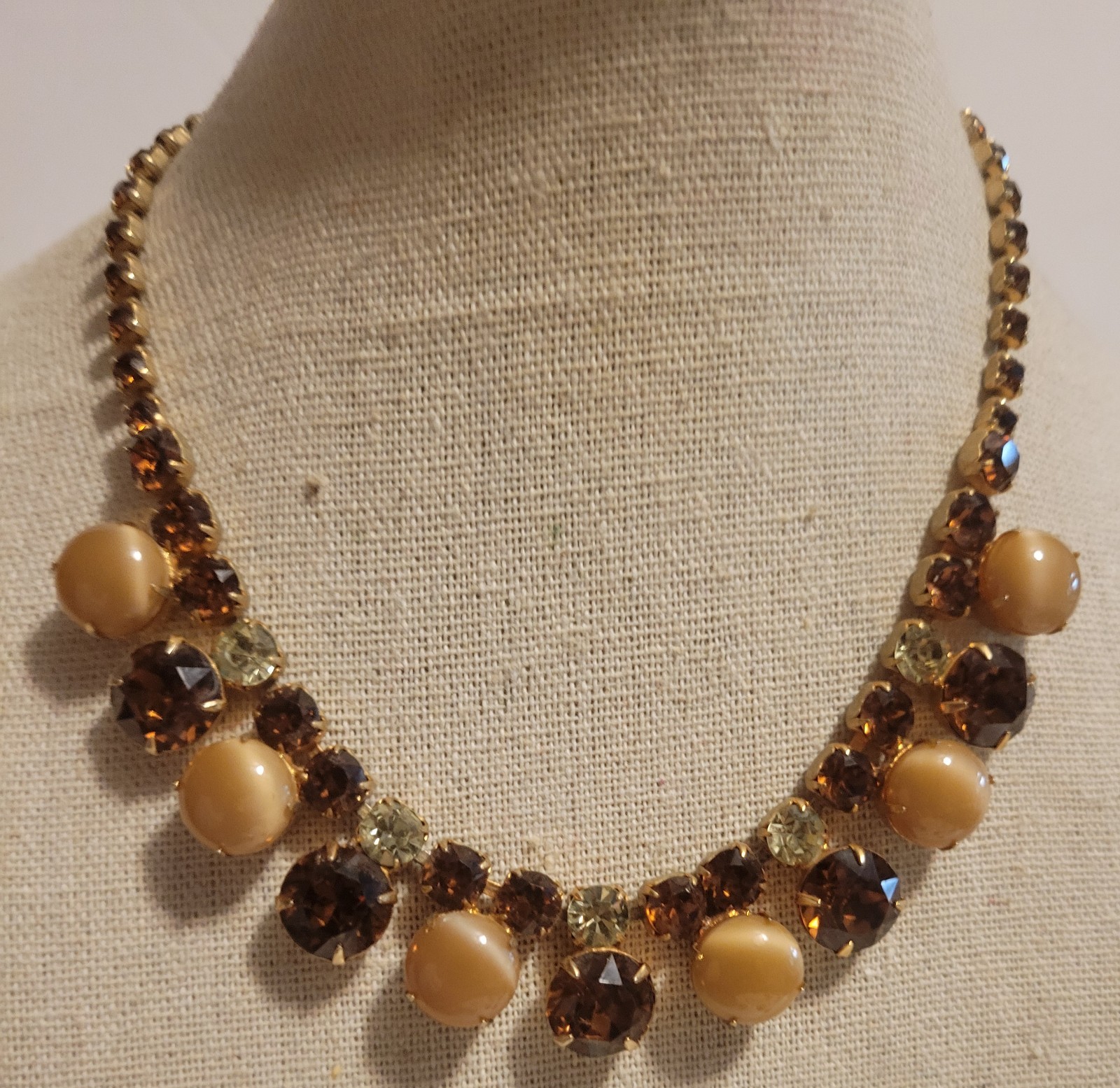 Vintage Necklace Earring Citrine Amber Color Brown Lrg Round Rhinestone 15″ Set