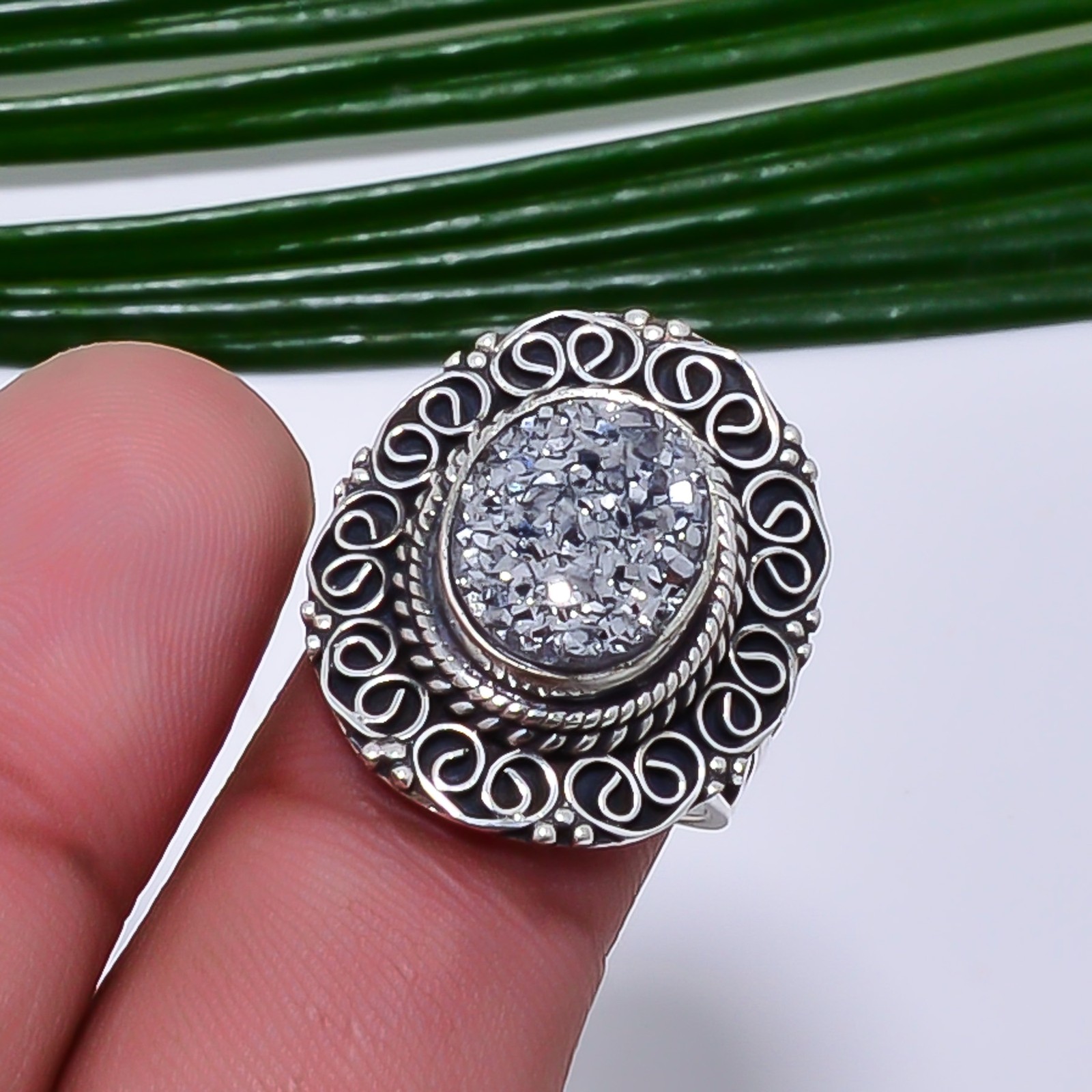 Silver Titanium Agate Drusy Fine Art Oxidised 925 Sterling Silver Ring S.6.5 R69