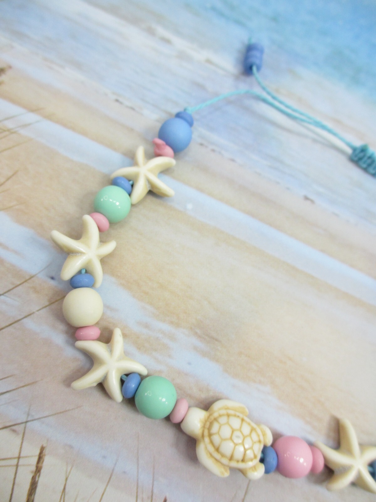 Beach Charm Anklet Turtle Ankle Bracelet Starfish Beaded Blue Raffia Adjustable